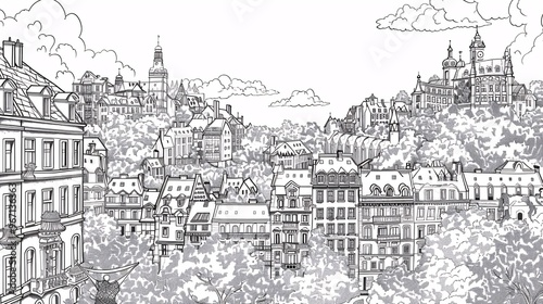 74. A detailed line drawing of a city landscape, featuring intricate buildings, streets, and trees, designed as background material for various creative projects