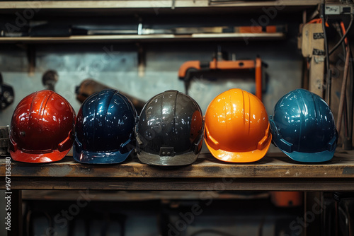 Five Hard Hats Lined Up on a Wooden Shelf photo