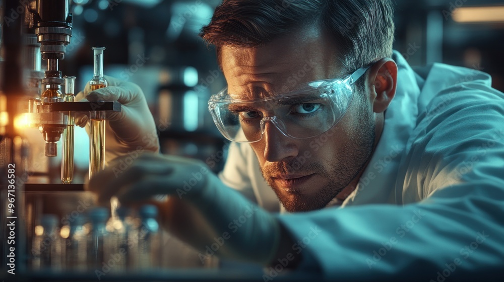 A Male Scientist Works With Test Tubes in a Laboratory A Male Scientist Works With Test Tubes in a Laboratory