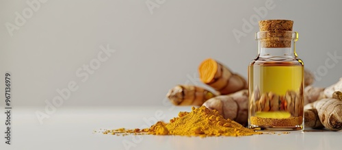 Glass bottle with natural turmeric oil ground turmeric powder and dry turmeric root displayed in a copy space image