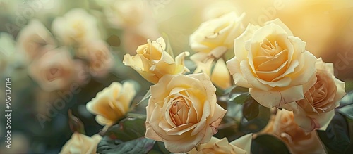Close up image of a bunch of delicate yellow Rosa Kristall roses in full bloom ideal for a spring season concept with copy space image