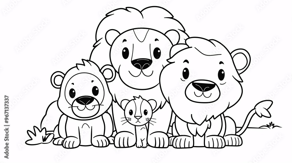 Obraz premium 89. A charming cartoon coloring page of a kawaii lion family with a baby lion, created as a vector illustration for kids to enjoy on Mother's Day and Father's Day