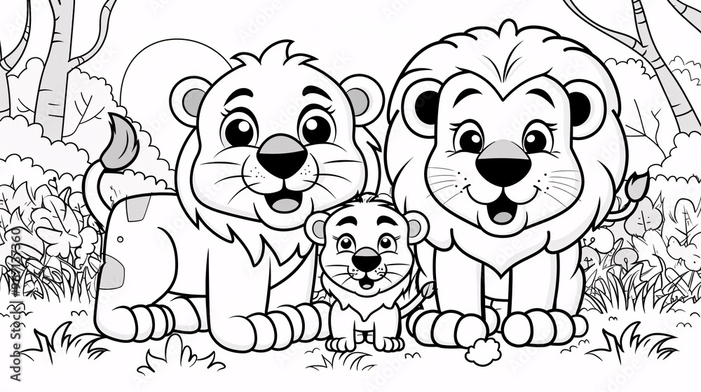 90. An engaging coloring page depicting a cute kawaii lion family and their baby, designed in a cartoon style as a vector illustration, perfect for children's Mother's Day and Father's Day activities 90. An engaging coloring page depicting a cute kawaii lion family and their baby, designed in a cartoon style as a vector illustration, perfect for children's Mother's Day and Father's Day activities