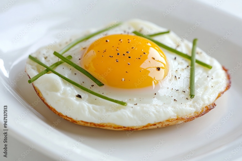 A perfectly fried sunny-side-up egg garnished with fresh chives and black pepper, served on a clean white plate A perfectly fried sunny-side-up egg garnished with fresh chives and black pepper, served on a clean white plate