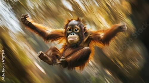 A Young Orangutan Swings Through the Trees photo