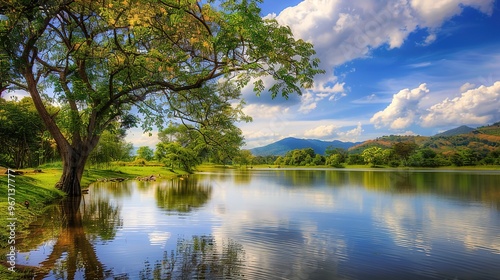 Beautiful landscape view of green summer forest with spruce and pine trees mountain, lake, river.