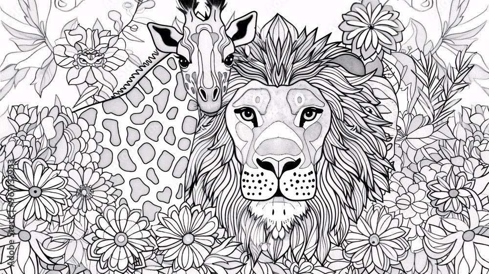 98. A detailed vector illustration of a lion and giraffe, designed for ...