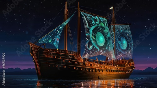 A shimmering ethereal being the fairylike bioluminesce ,a ship on a water in ocean,JPEG photo