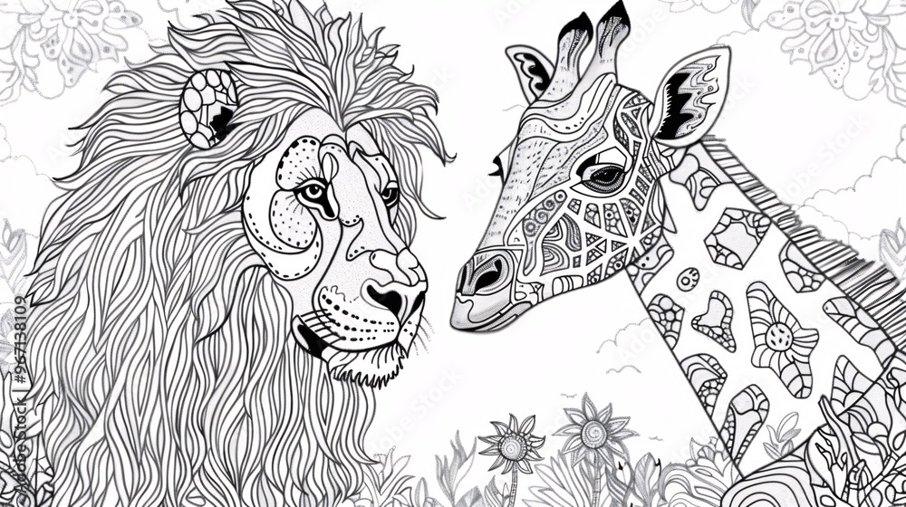 100. A charming vector coloring page featuring a lion and giraffe, with ...