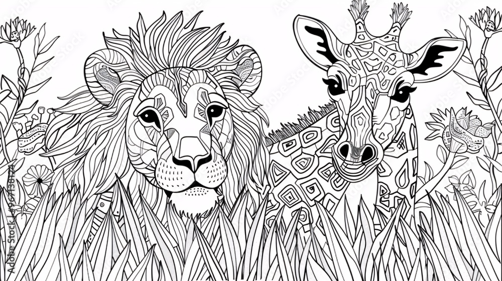 101. A delightful coloring page design with a lion and giraffe in a ...