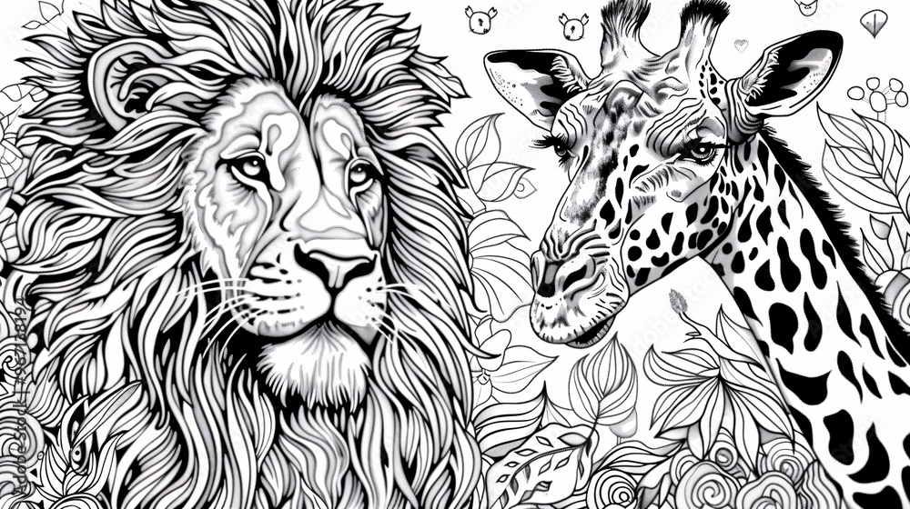102. A fun and detailed vector illustration of a lion and giraffe ...