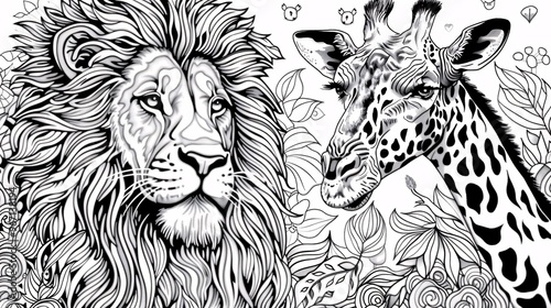 102. A fun and detailed vector illustration of a lion and giraffe, perfect for a children's coloring page, featuring intricate line art and engaging designs for kids to enjoy photo