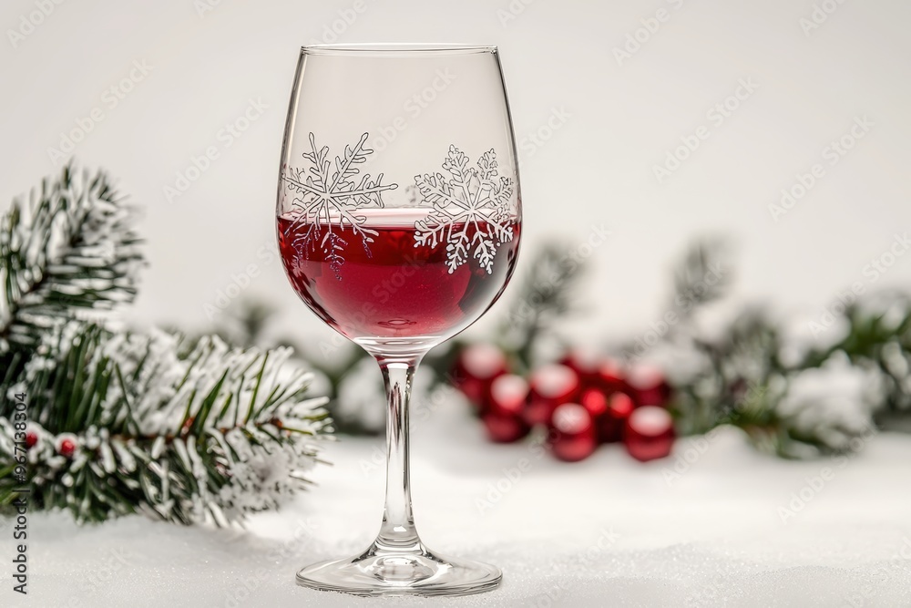 A festive wine glass with holiday themed etchings holds rich red drink, surrounded by snow covered pine branches and Christmas ornaments, evoking warm, cheerful atmosphere. A festive wine glass with holiday themed etchings holds rich red drink, surrounded by snow covered pine branches and Christmas ornaments, evoking warm, cheerful atmosphere.