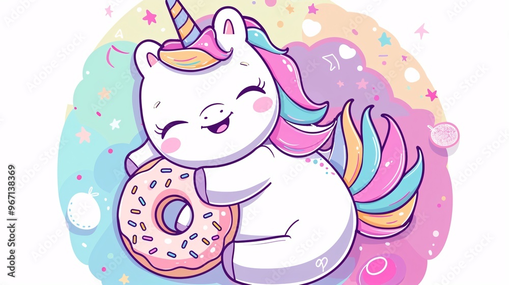 104. A kawaii vector illustration of a baby unicorn pony hugging a donut, designed as a coloring page template with a color palette, ideal for kids' coloring books and apparel prints 104. A kawaii vector illustration of a baby unicorn pony hugging a donut, designed as a coloring page template with a color palette, ideal for kids' coloring books and apparel prints