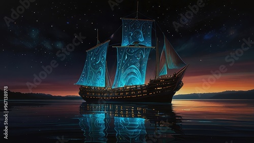 A shimmering ethereal being the fairylike bioluminesce ,a ship on a water in ocean,JPEG photo