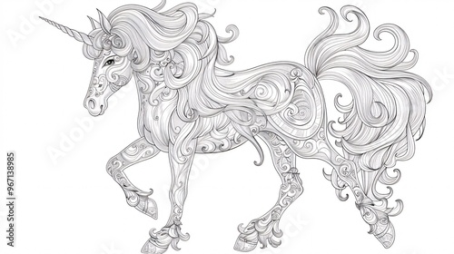 113. A whimsical vector illustration of a magic unicorn, designed as a kids' coloring page with detailed line art and engaging patterns, perfect for coloring and imagination