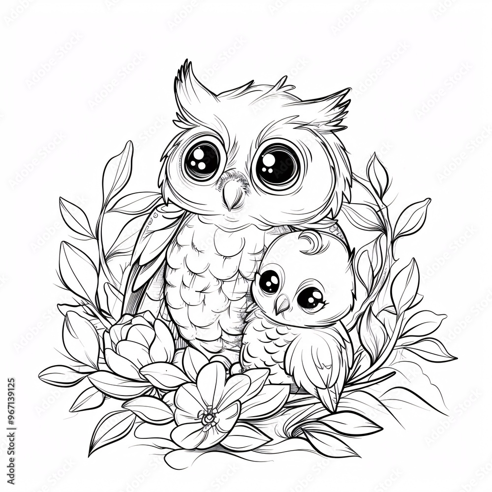 Fototapeta premium 115. Concept: Cute kawaii owl and baby cartoon character coloring page vector illustration. Wild animal, mothers day colouring page for kids
