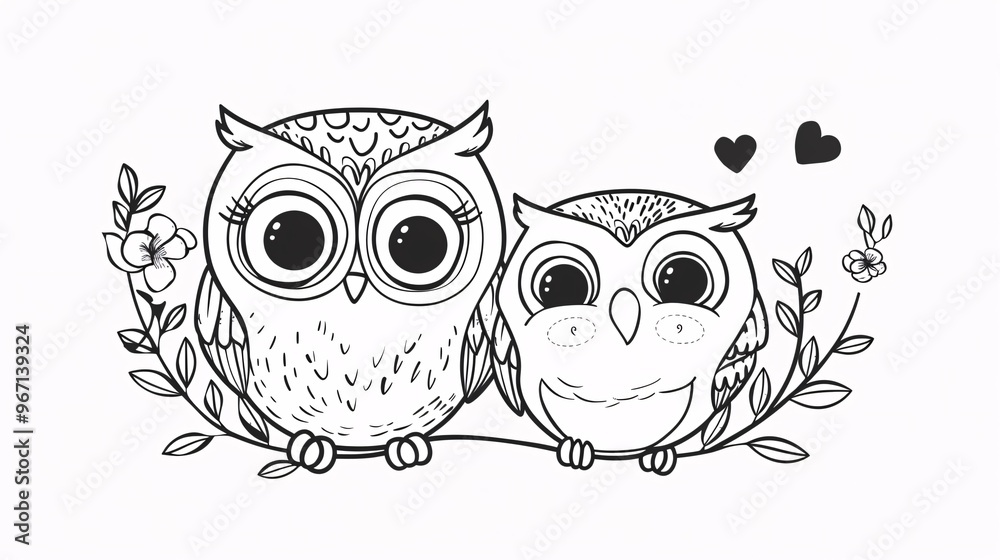 Obraz premium 118. A charming vector illustration of a cute kawaii owl and baby, created as a coloring page for kids, with detailed line art and a playful design, suitable for Mother's Day