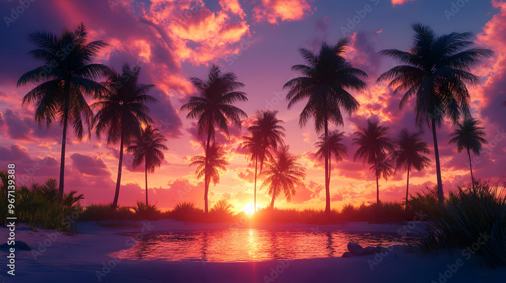 Tropical Sunset Beach with Palm Trees and Vibrant Sky