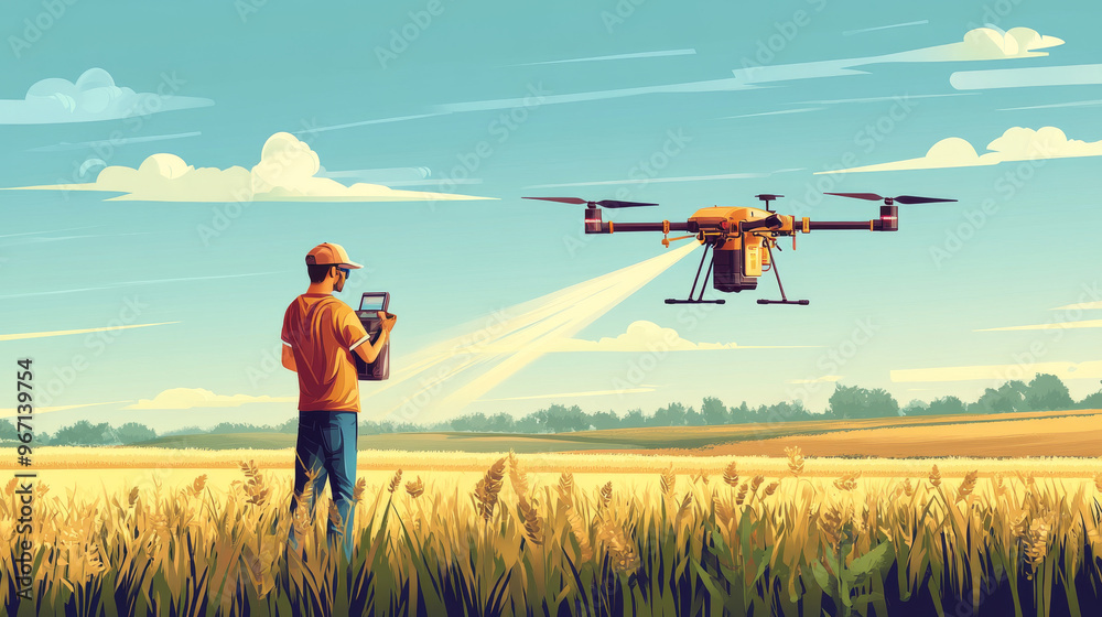 A modern smart farming scene where a farmer operates a drone sprayer quadcopter flying above a vast field, distributing fertilizer evenly. The landscape background is flat and expansive, capturing the A modern smart farming scene where a farmer operates a drone sprayer quadcopter flying above a vast field, distributing fertilizer evenly. The landscape background is flat and expansive, capturing the