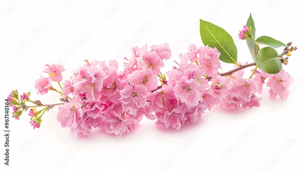 8. High-resolution image of pink fluffy crepe myrtle petals and green leaves, meticulously isolated on a white background with a precise clipping path 8. High-resolution image of pink fluffy crepe myrtle petals and green leaves, meticulously isolated on a white background with a precise clipping path