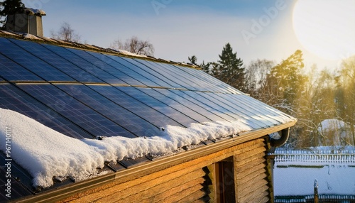 Solar Panels of the roof of House covered by Snow in the Winter.  photo