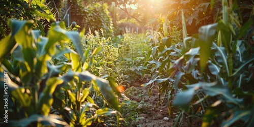 Vegetable garden designed with permaculture principles featuring a milpa bed planted with a diverse mix of corn squash and pole beans photo