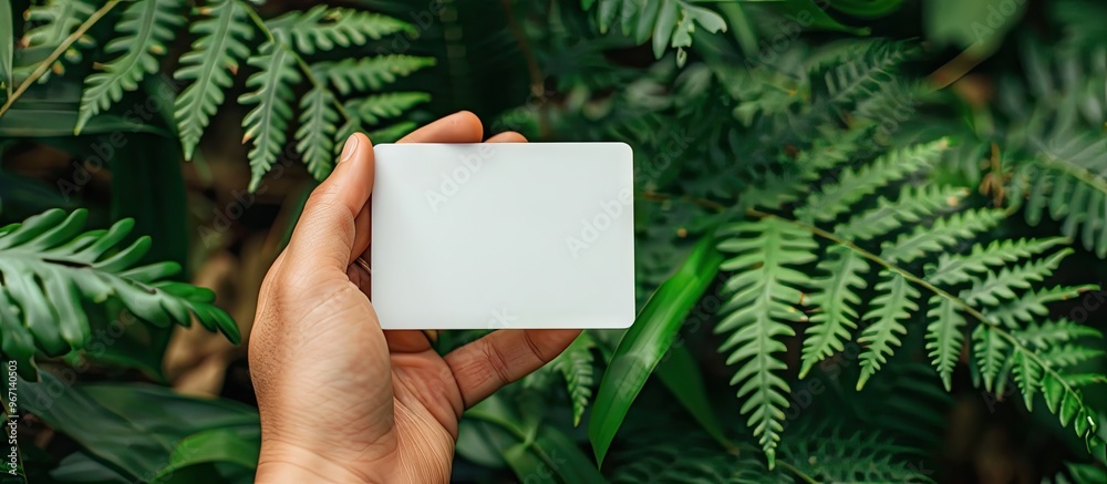 Male hand in nature holding a blank bank credit card mockup surrounded by lush green plants and fern leaves providing a perfect copy space image Male hand in nature holding a blank bank credit card mockup surrounded by lush green plants and fern leaves providing a perfect copy space image