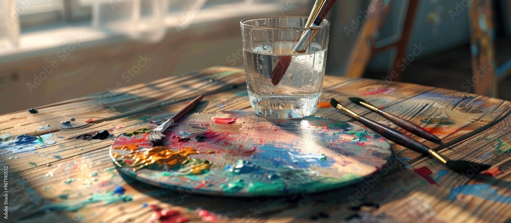 Indoor setting with artist s tools like a palette paintbrushes in a glass of water and paint on a wooden table offering empty copy space image Indoor setting with artist s tools like a palette paintbrushes in a glass of water and paint on a wooden table offering empty copy space image