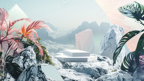 : A geometric podium on a rocky mountain, surrounded by exotic tropical plants, with an abstract background of organic shapes and soft colors.
