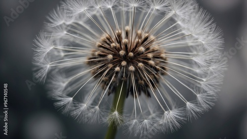 Black and white image of a dandelion seed head. photo