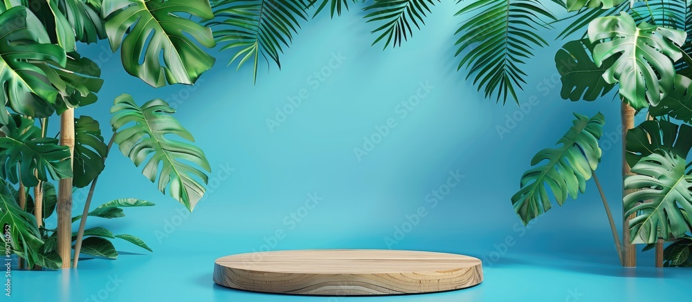 Obraz premium Wooden podium with copy space image decorated with monstera leaves on a blue background