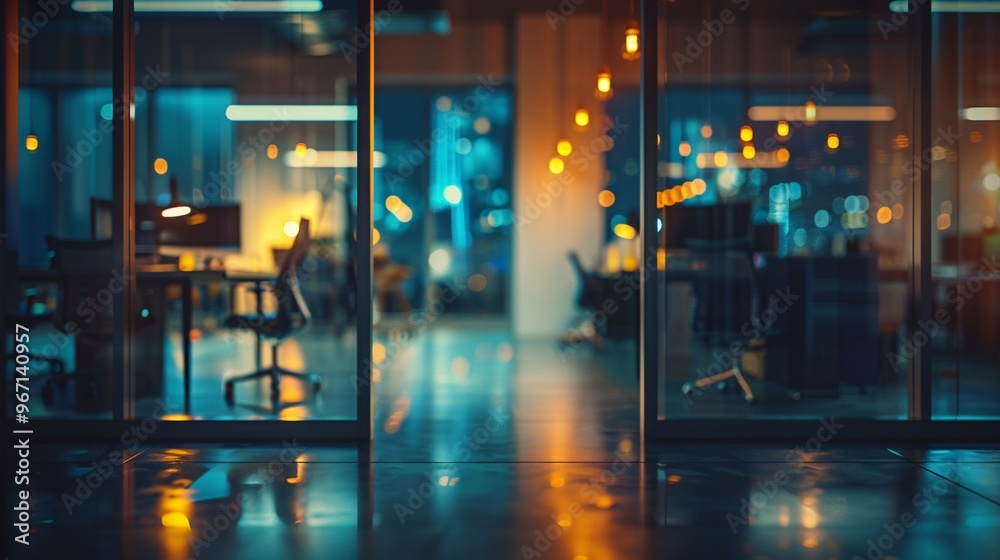 23. Blurred and defocused office interior at night, capturing the ambient lighting and creating a calm and abstract atmosphere in the working space 23. Blurred and defocused office interior at night, capturing the ambient lighting and creating a calm and abstract atmosphere in the working space