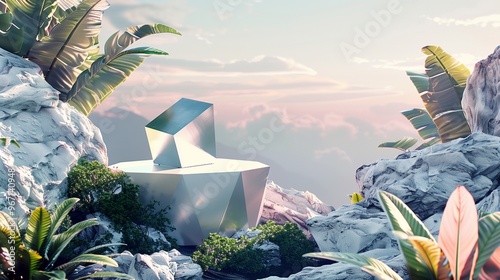 : A geometric podium on a rocky mountain, surrounded by exotic tropical plants, with an abstract background of organic shapes and soft colors.