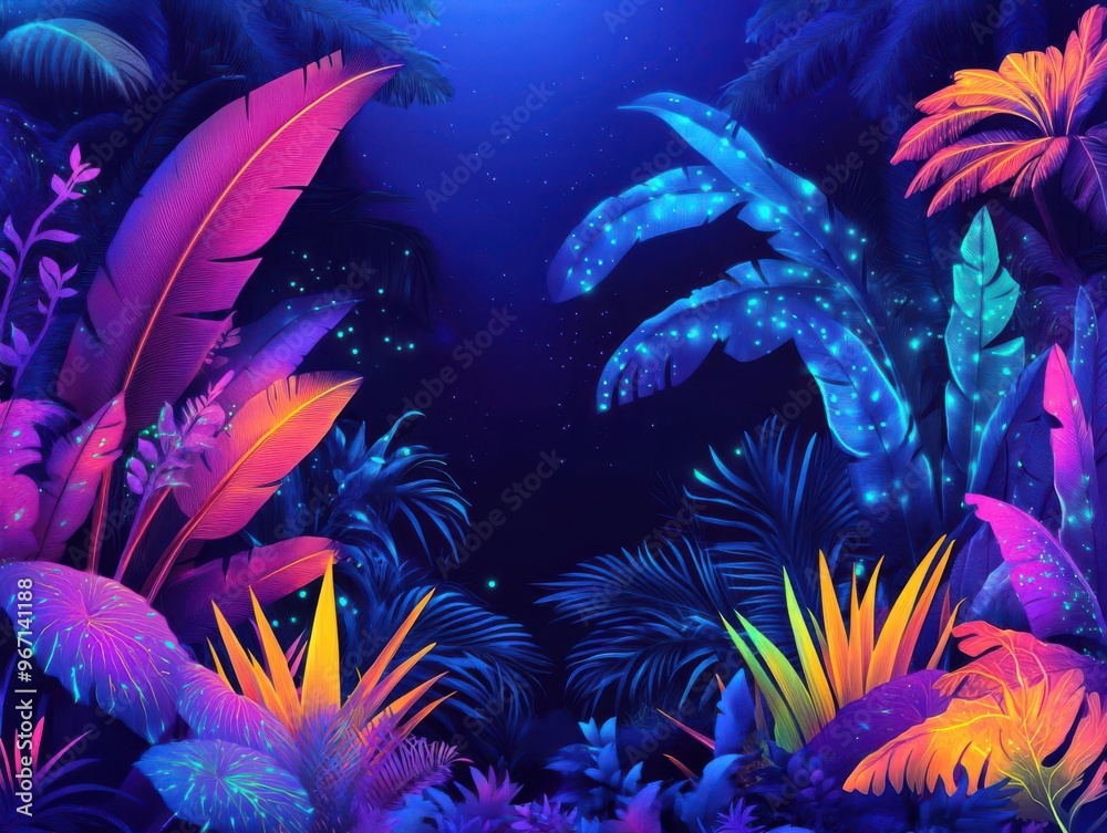 In a vibrant jungle, depict bioluminescent plants glowing under a dark sky Show detailed foliage in neon colors, fantasy style, digital painting In a vibrant jungle, depict bioluminescent plants glowing under a dark sky Show detailed foliage in neon colors, fantasy style, digital painting