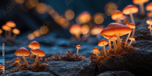 A canyon filled with bioluminescent mushrooms the size of skyscrapers. photo