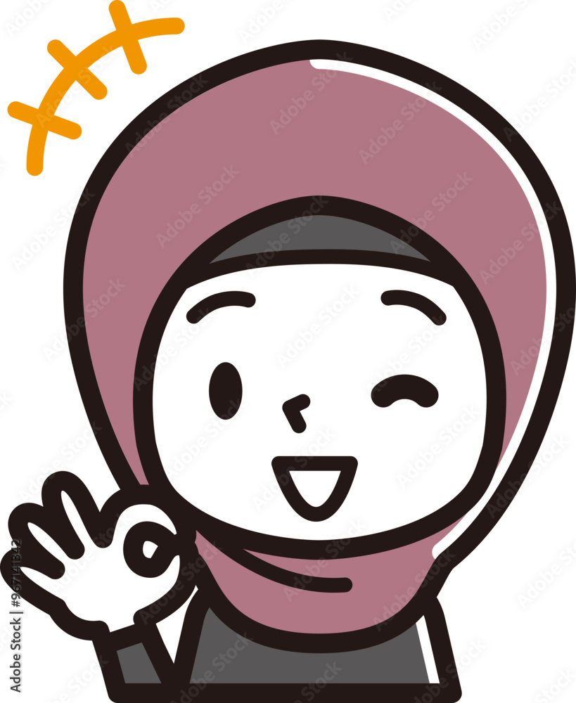 ヒジャブを着用した女性　表情のアイコン　OKサイン