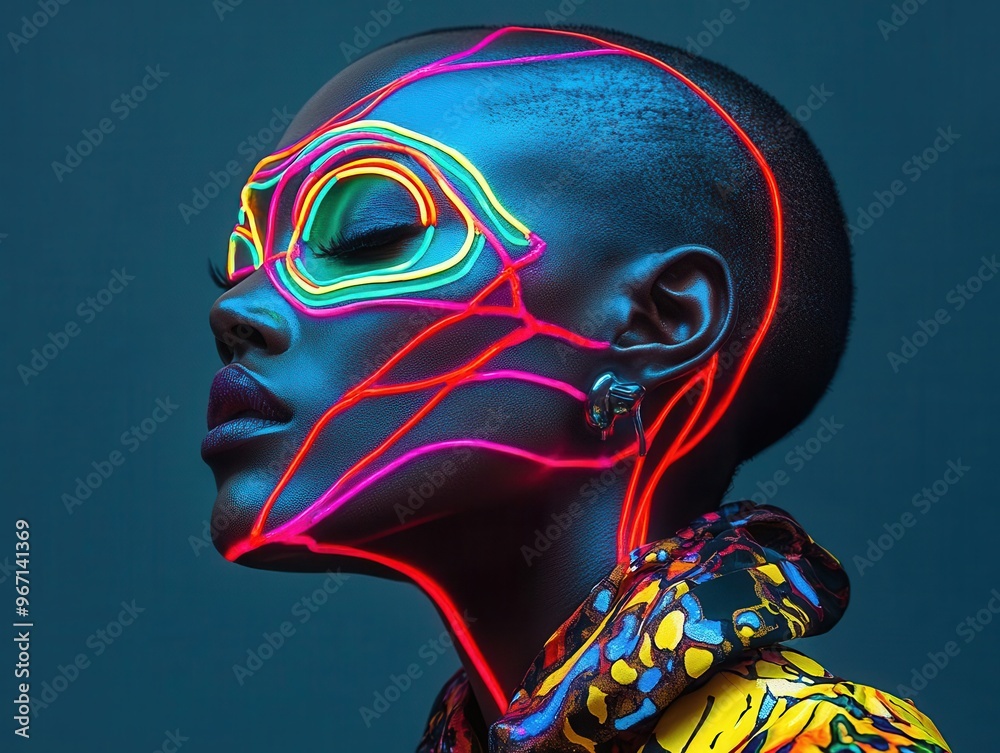 Naklejka premium neon veins shining beneath the skin, clad in avant-garde fashion Realistic details against a moody background