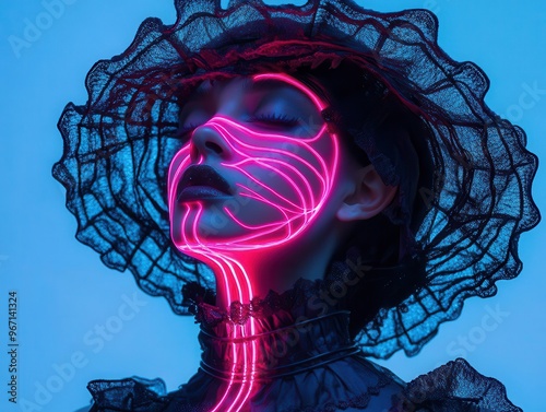 neon veins shining beneath the skin, clad in avant-garde fashion Realistic details against a moody background photo