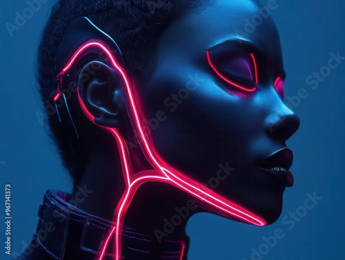 neon veins shining beneath the skin, clad in avant-garde fashion Realistic details against a moody background photo