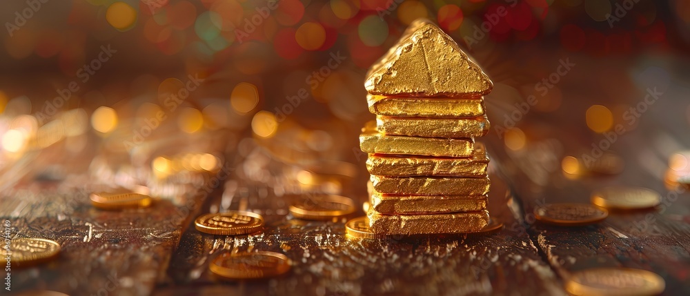 stack of gold house on the table stack of gold house on the table