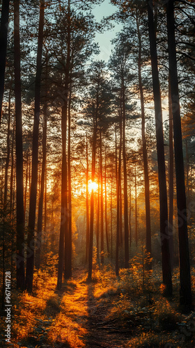 Golden Hour in the Pine Forest: A Serene Sunset Walk