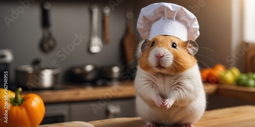 Hamster cook in a chef's hat stands in the background of the kitchen. photo