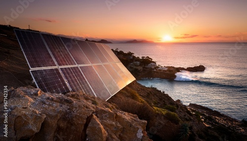 Solar Panels on a Coastal Cliffside at Dawn photo