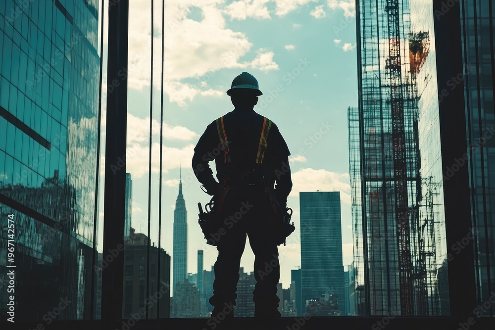 Fototapeta premium Silhouetted Construction Worker Looking Out Window at Cityscape
