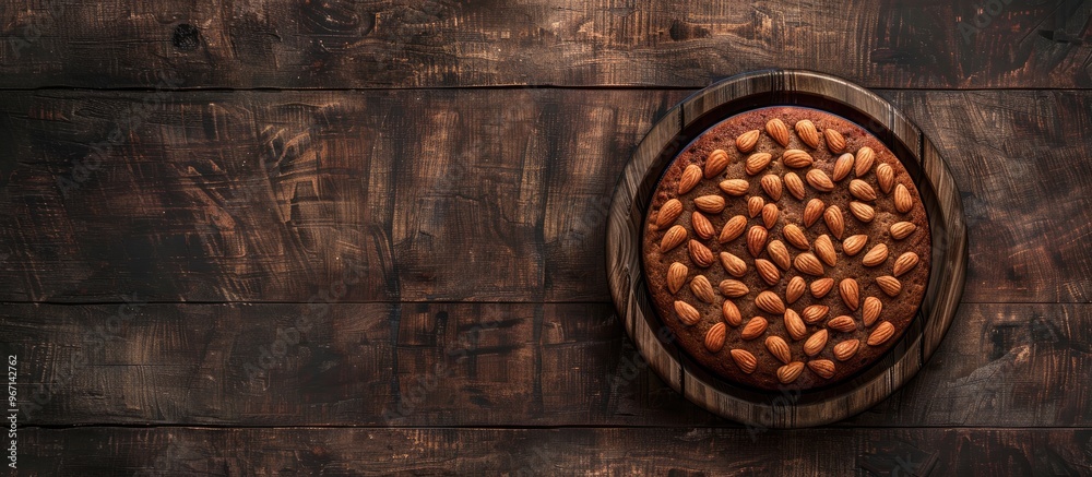 Almonds scattered on a round cake placed on a wooden plate with a blank area ideal for adding text in the image. Creative banner. Copyspace image Almonds scattered on a round cake placed on a wooden plate with a blank area ideal for adding text in the image. Creative banner. Copyspace image