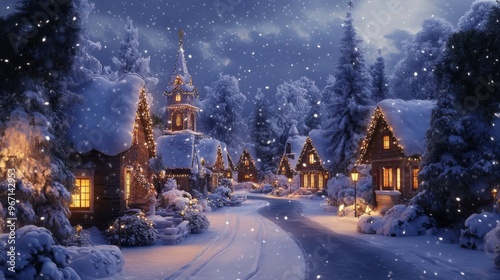 A snow-covered village with a church in the distance, lit up with twinkling lights. photo