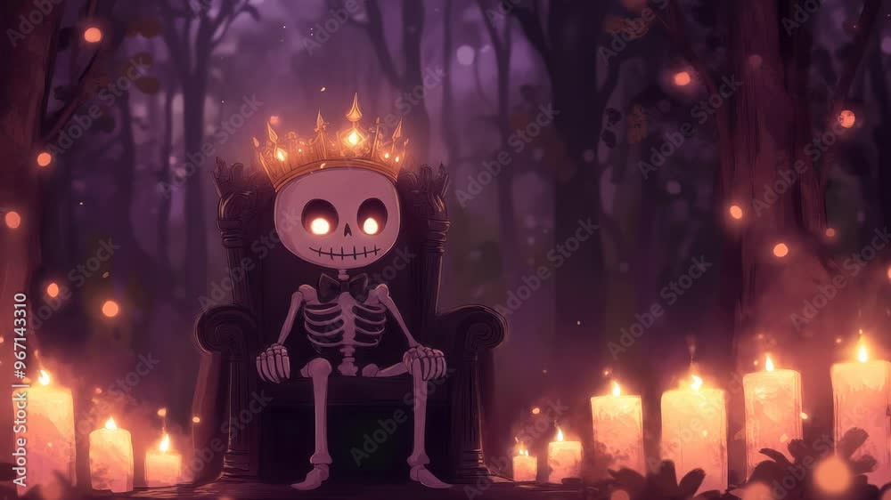 Cartoon skeleton in regal attire seated on grand throne. Spooky Halloween theme concept. Cartoon skeleton in regal attire seated on grand throne. Spooky Halloween theme concept.
