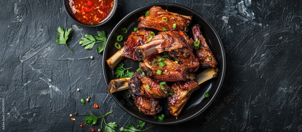 Top view of fried duck tongue with spicy dip against a dark background perfect for a copy space image Top view of fried duck tongue with spicy dip against a dark background perfect for a copy space image
