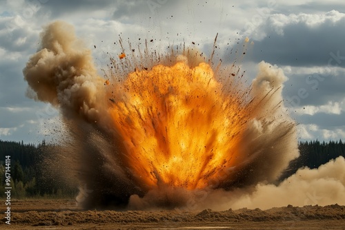 A massive and dramatic explosion is captured in mid-air, with billowing smoke and fiery debris spreading outwards in an open field, creating a sense of intense action and power. photo